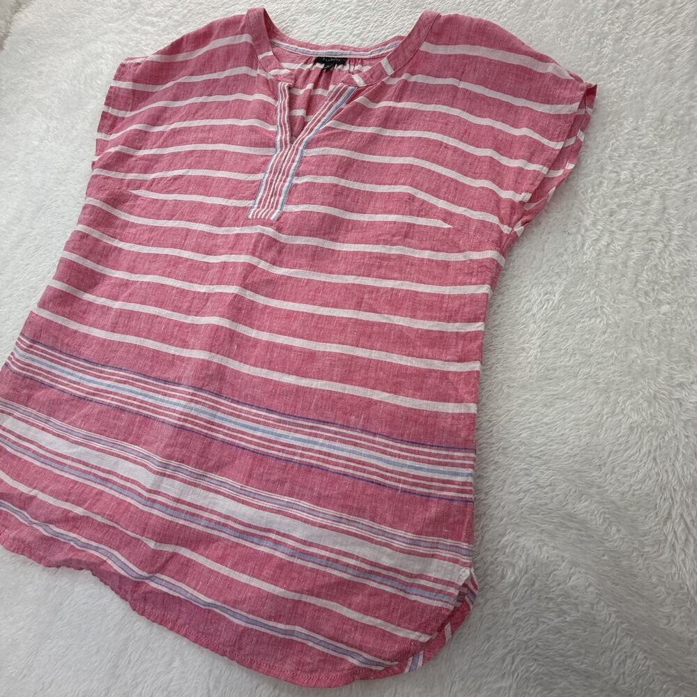 Talbots Linen Tunic Size Medium Pink White Stripe V-Neck Cap Sleeve Tunic Top - Picture 2 of 11